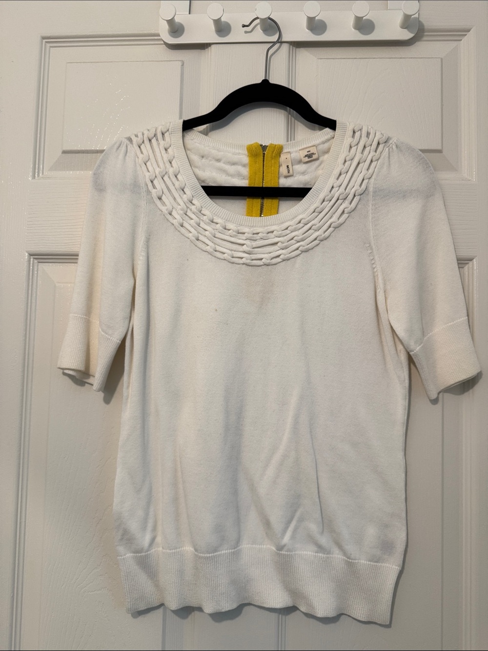 Moth White Short-Sleeve Knit Top with Braided Scoop Neck